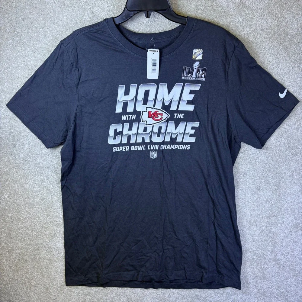 Nike TShirt Men Large Black Super Bowl LVIII Champions Kansas City Chiefs Chrome